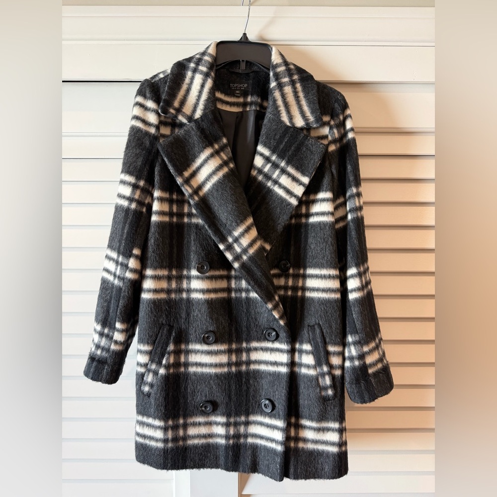 Topshop Black and White Plaid Double-Breasted Pea Coat